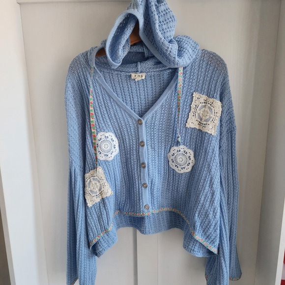 POL Lace Doily Patch Crochet Hooded Grannycore Cardigan RARE Sweater Blue Size S - Picture 11 of 11